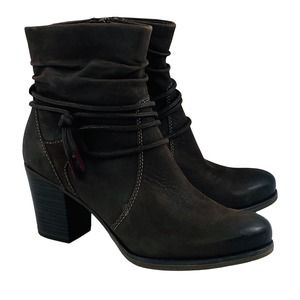 Womens 37 US 6.5-7 Tamaris Ankle Boot Dark Brown Leather Side Zip Slouch‎ Lined
